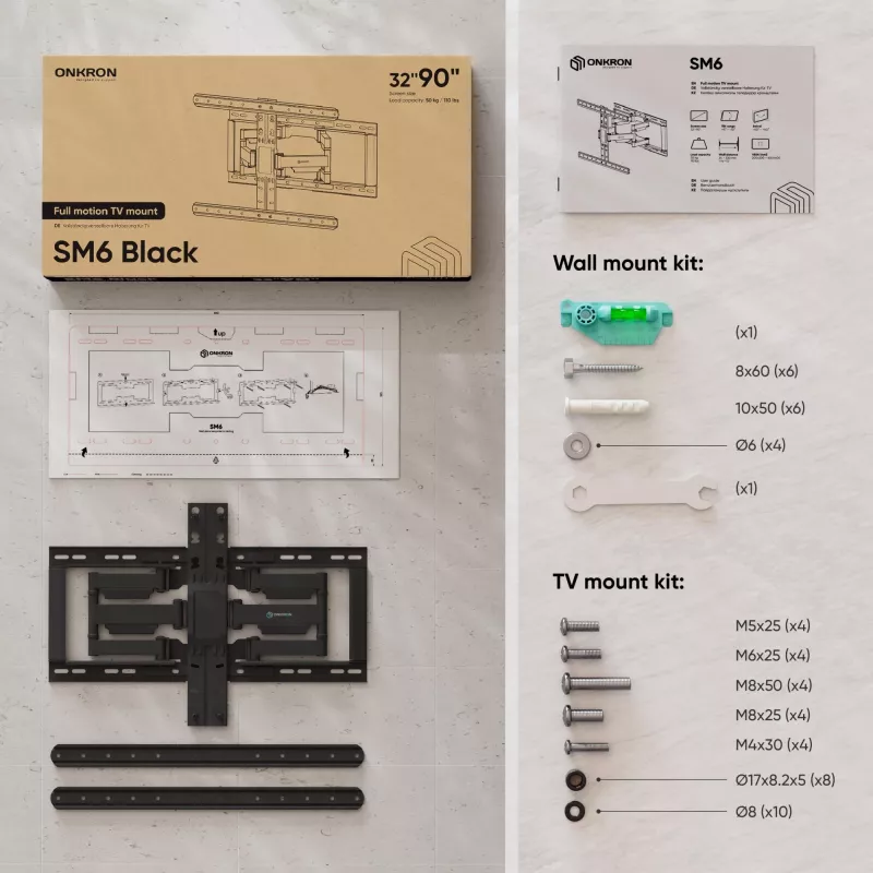 TV-Bodenständer ONKRON SM6-B für 32-Zoll–90-Zoll-Bildschirme, 50 kg Tragfähigkeit, VESA 200x200–600x400, Neigung -10–5°, Schwenkbereich 40°