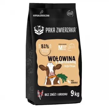 Trockenfutter für Hunde PAKA ZWIERZAKA Rind mit Karotten M – 9 kg, getreidefrei, 29 % Protein, für ausgewachsene mittelgroße Rassen