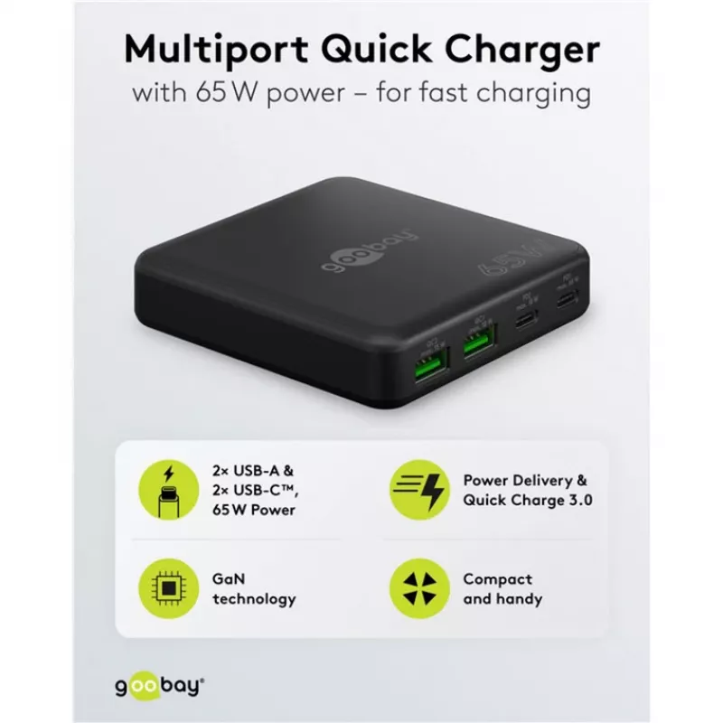 GOOBAY Multiport USB-C PD GaN Tischladegerät 65 W, schwarz