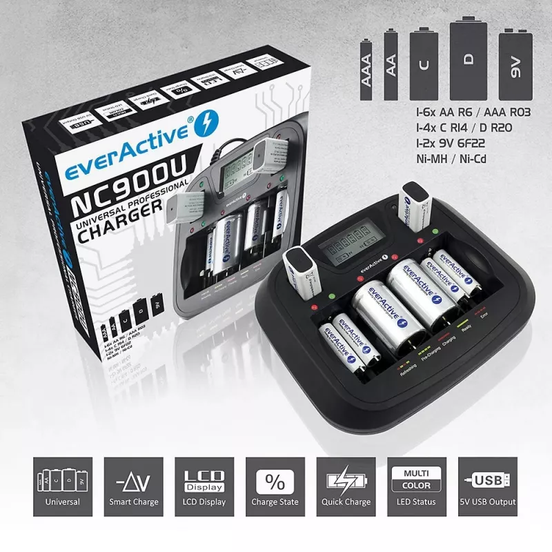 Batterieladegerät everActive NC-900U Universal DC — lädt AA, AAA, C, D, 9V, bis zu 6 Zellen, schwarz