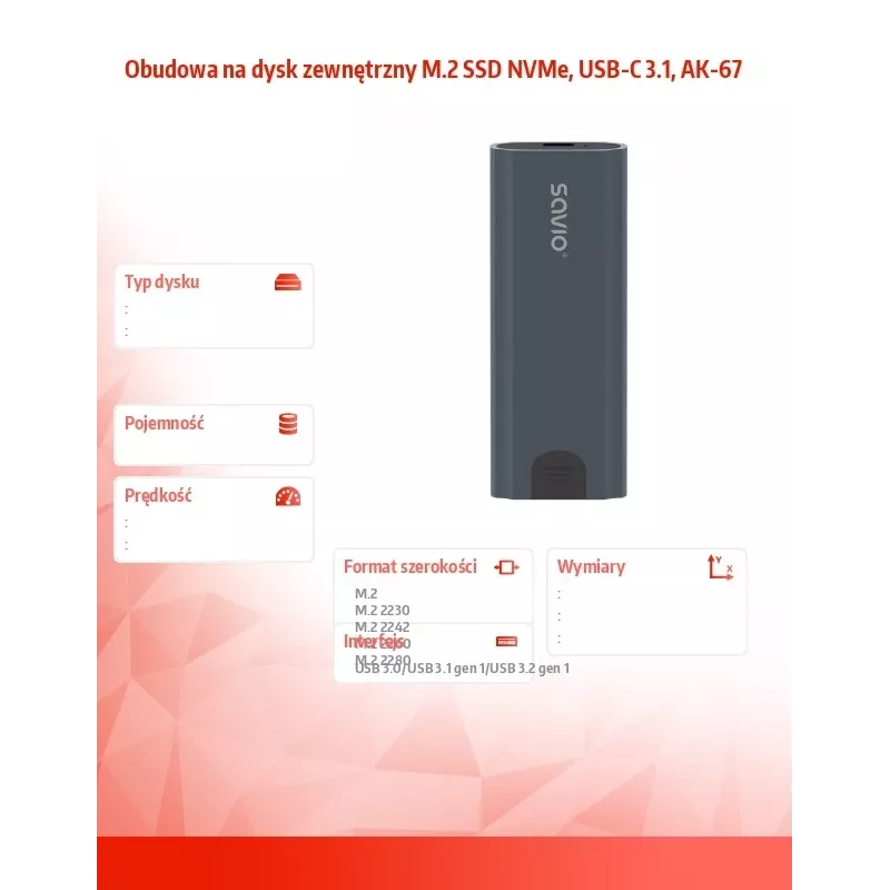 M.2 SSD-Gehäuse SAVIO AK-67 Grau, USB 10 Gbit/s, Unterstützung für einzelne M.2-Laufwerke