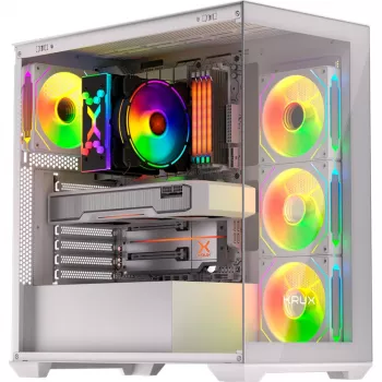 PC-Gehäuse KRUX Exo RGB White — ATX-Tower, Stahl, 2x3,5 Zoll + 2x2,5 Zoll Einschübe, USB-C, RGB