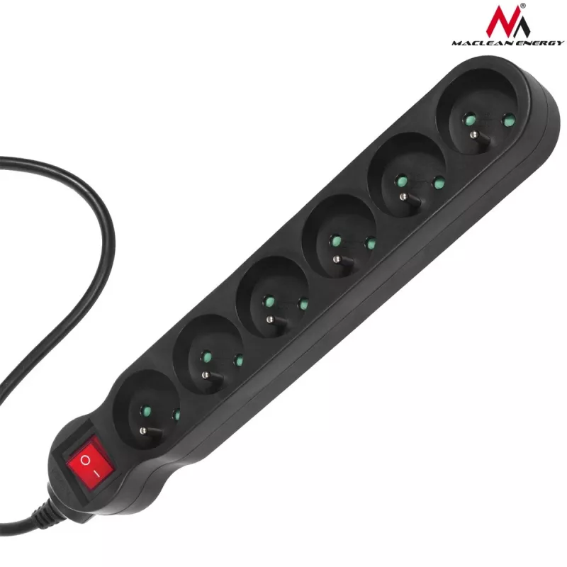 Power-Verlängerung MACLEAN MCE225 — 1.5 m Kabel, 6 Type F AC-Steckdosen, innen, schwarz