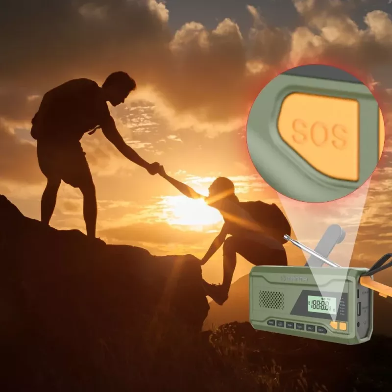 Tragbares UKW-Radio MANTA RDI401G mit Solarpanel, Dynamokurbel, 4000–4500 mAh Akku, 5 V USB-Ausgang, 3 W, Taschenlampe