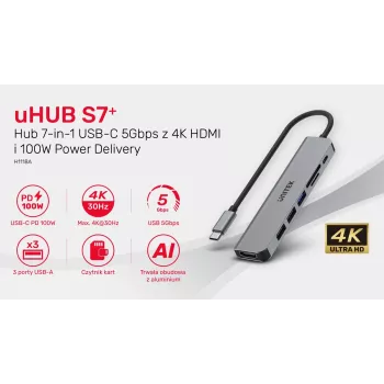 USB-C Hub Unitek 7in1 Aluminium PD 100W 5 Gbps — Multiport-Adapter mit Power Delivery