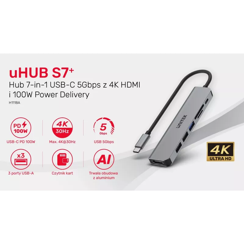 USB-C Hub Unitek 7in1 Aluminium PD 100W 5 Gbps — Multiport-Adapter mit Power Delivery