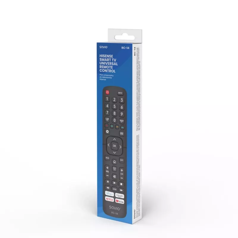 Universal-Fernbedienung SAVIO RC-14 für Hisense Smart TV, IR Wireless, unterstützt 14 Geräte, Reichweite bis zu 10 m, schwarz