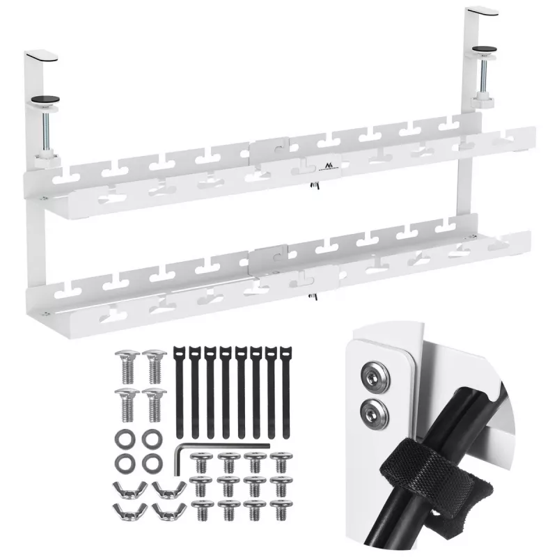 Untertisch-Kabelmanager MACLEAN MC-102W – Stahlhalterung für die Untertischmontage, verstellbare Länge, passend für Tischplatten von 0,5–5 cm, Traglast 5 kg, weiß