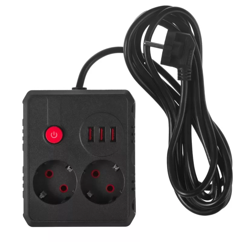 Steckdosenleiste MACLEAN MCE388 B — 2 AC-Steckdosen, 3×USB A, 110–120 V 50/60 Hz, 2500 W, 3 m Kabel, schwarz