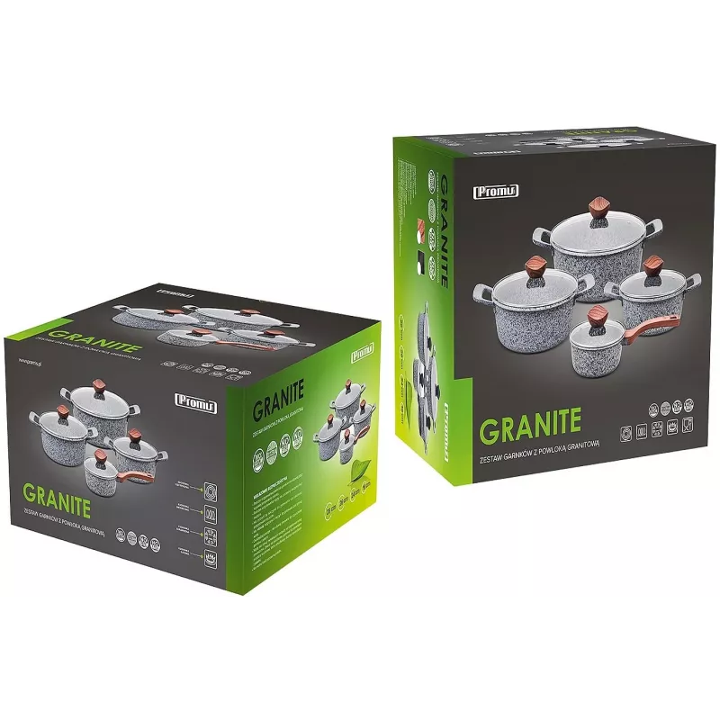 PROMIS Granit-Topfset, Kochtopf 16 cm, Töpfe 20, 24, 28 cm, braune Griffe