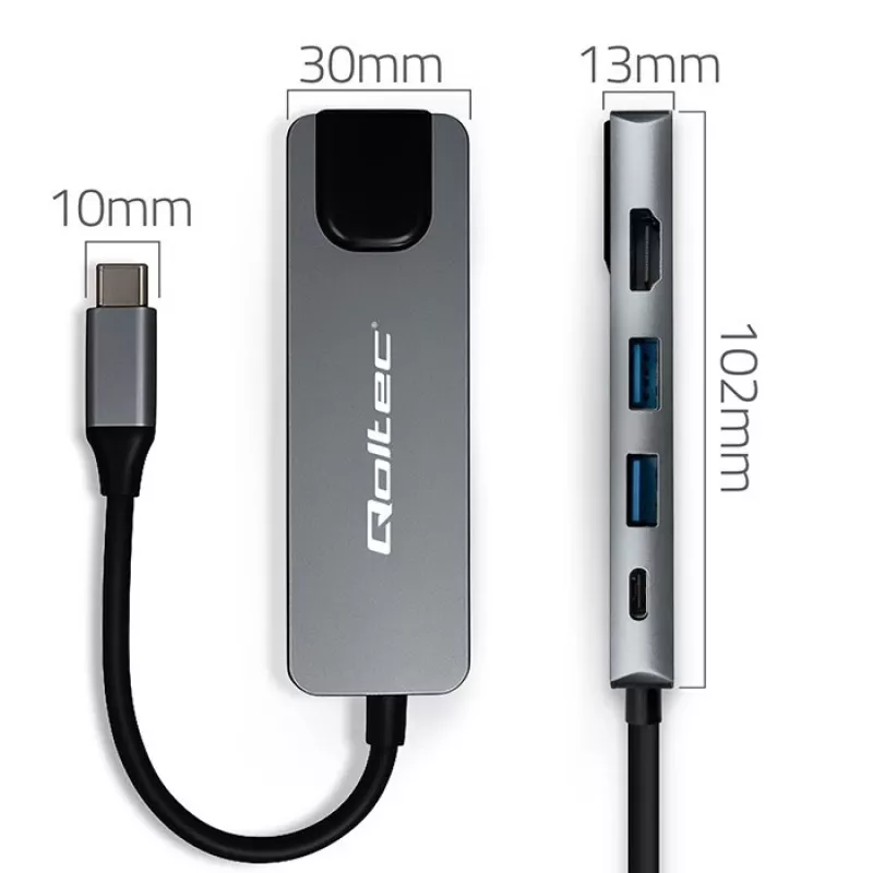USB-C Hub QOLTEC 53795 5-in-1 mit 100W PD, 2×USB-A, HDMI 4K, RJ45
