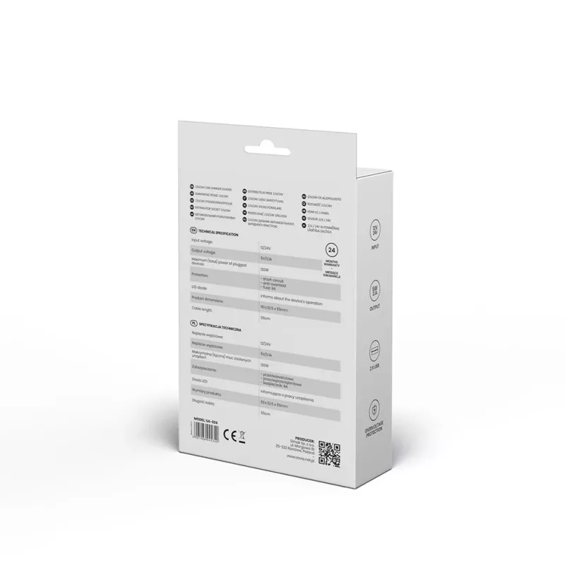 Auto-USB-Ladegerät SAVIO SA-024 — universelles Ladegerät für Mobilgeräte, Eingang 12–24 V, Ausgang 5 V, schwarz, Zigarettenanzünder