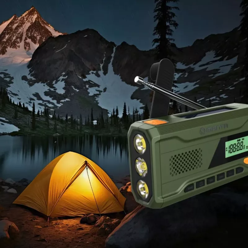 Tragbares UKW-Radio MANTA RDI401G mit Solarpanel, Dynamokurbel, 4000–4500 mAh Akku, 5 V USB-Ausgang, 3 W, Taschenlampe