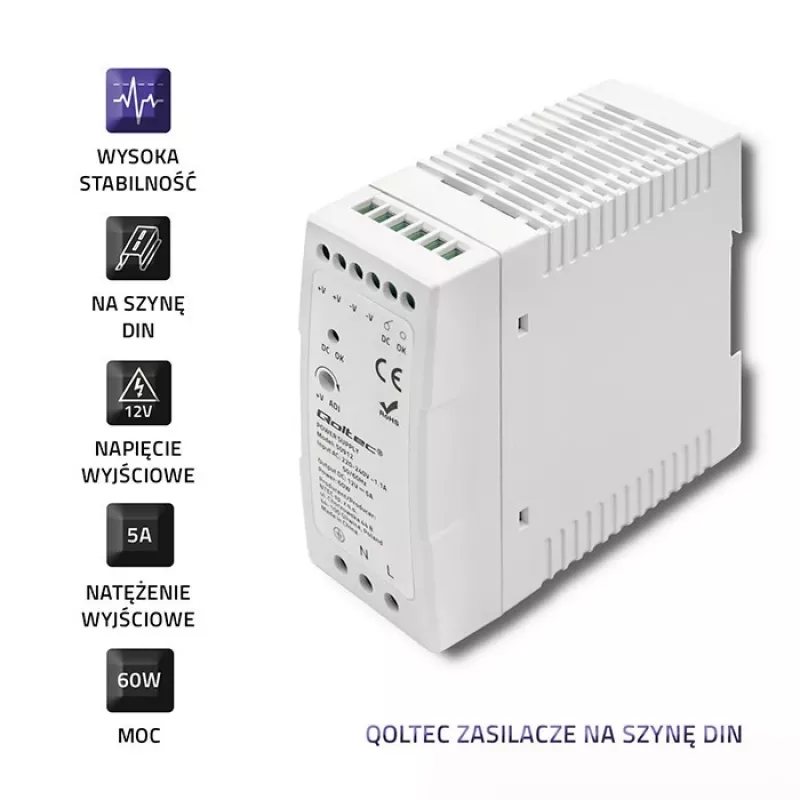Qoltec Din Rail Power Supply | 60W | 12V | 5A | White | schlank