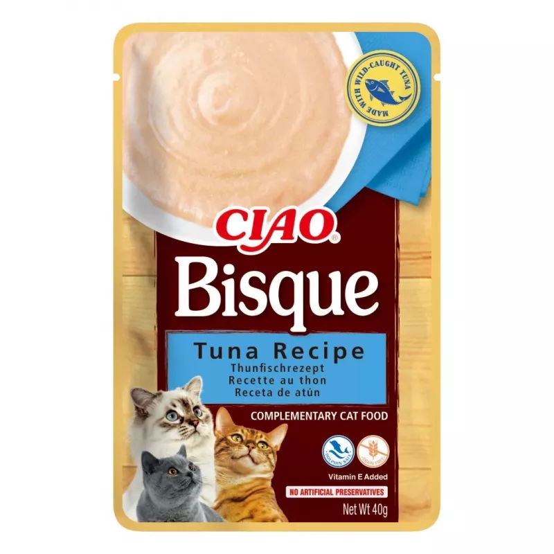 Nassfutter-Leckerli für Katzen INABA CIAO Bisque – Thunfisch, Rind, Huhn in 40 g Beuteln, 24er-Pack