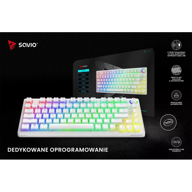 Gaming-Tastatur Savio Phenix WHITE GAT RED PUD Kabelgebunden Kabellos USB Bluetooth RGB LED