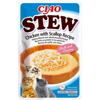 Nassfutter-Leckerli für Katzen INABA Ciao Stew Huhn & Jakobsmuschel Beutel 40 g — getreidefrei, ausgewachsen, fleischig