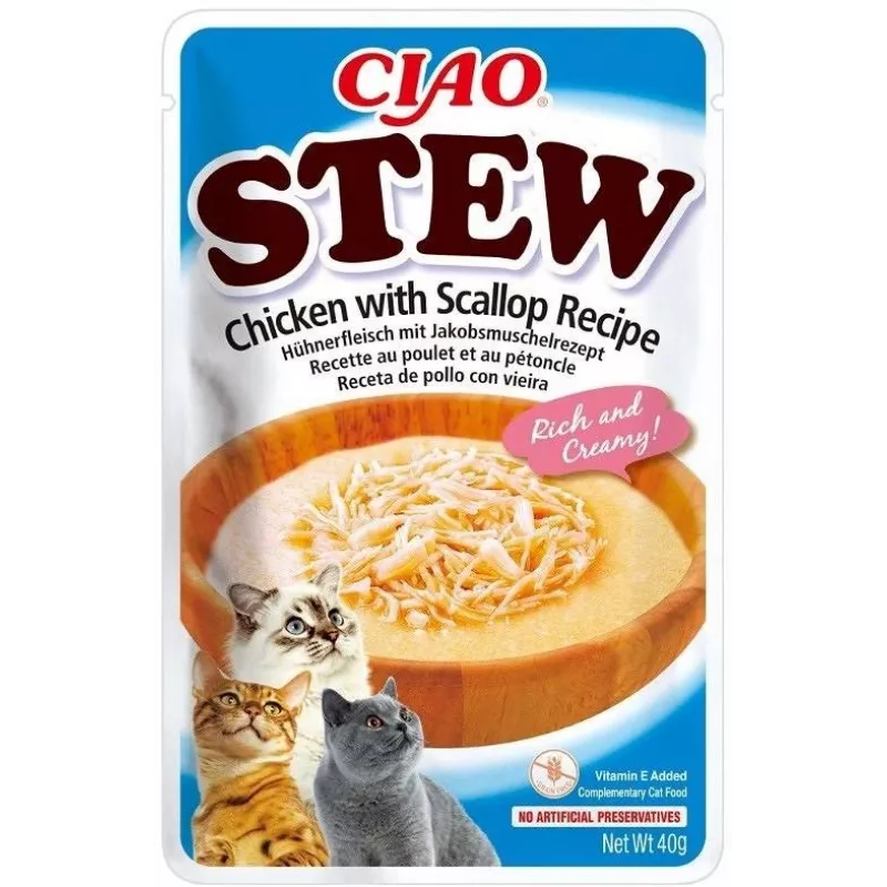Nassfutter-Leckerli für Katzen INABA Ciao Stew Huhn & Jakobsmuschel Beutel 40 g — getreidefrei, ausgewachsen, fleischig