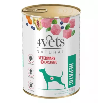 Nassfutterdose für Hunde 4vets Natural Hepatic 400 g — veterinärmedizinische Diät zur Leberunterstützung, Truthahn, 77 % Feuchtigkeit