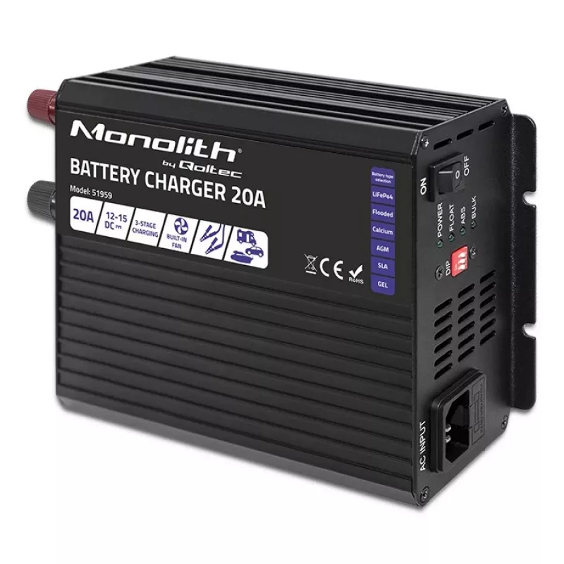 Ladegerät QOLTEC Monolith 20 A 12 V für LiFePO4-, AGM-, GEL-, SLA-Batterien
