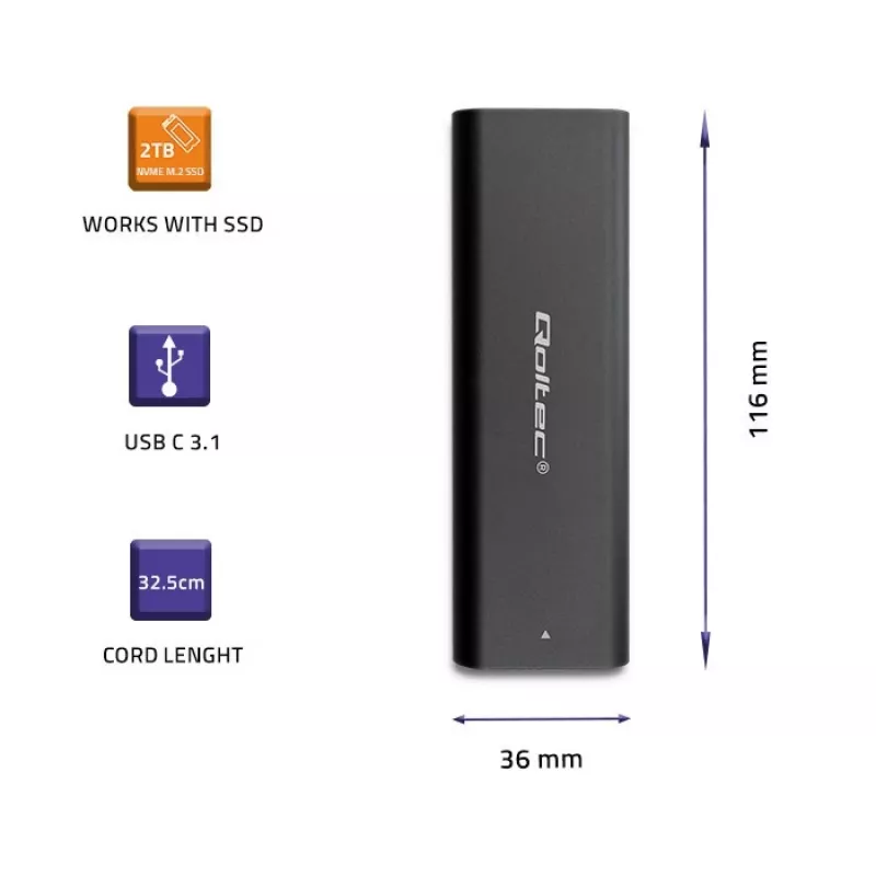 SSD-Gehäuse QOLTEC 50312 Schwarz für einzelnes M.2 SATA-Laufwerk, USB Type-C (USB 2.0 / 3.2 Gen 1)