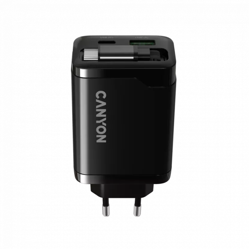 Ladegerät CANYON OnCharge 65RC mit integriertem USB-C-Kabel, 65 W, 1x PD, 1x QC, EU-Stecker, Schwarz
