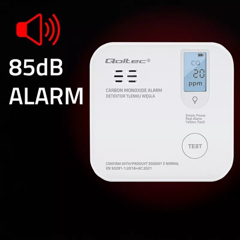 Kohlenmonoxid-Sensor QOLTEC 52577 — batteriebetriebener Alarm, 85 dB Schallpegel