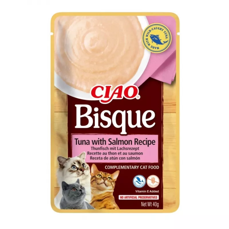 Nassfutter-Leckerli für Katzen INABA CIAO Bisque – Thunfisch, Rind, Huhn in 40 g Beuteln, 24er-Pack