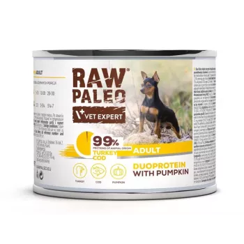 Nassfutter für Hunde VETEXPERT RAW PALEO Duoprotein Truthahn & Kabeljau Adult 200 g, Dose, 82% Feuchtigkeit, 10,3% Protein