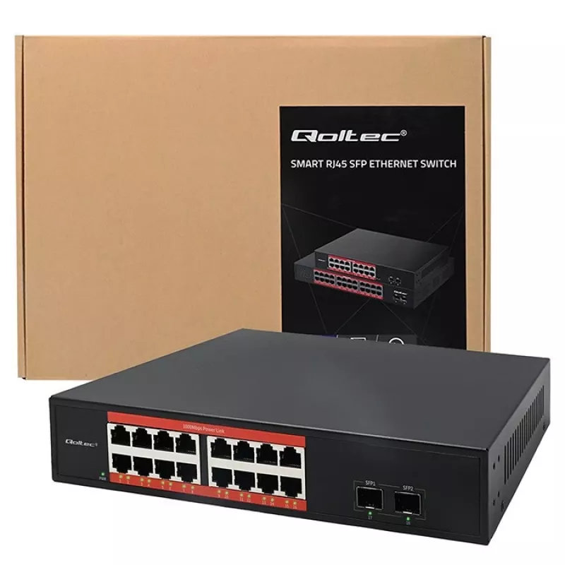 Netzwerk-Switch QOLTEC 52364 — Gigabit Ethernet PoE 16xRJ45, 2xSFP