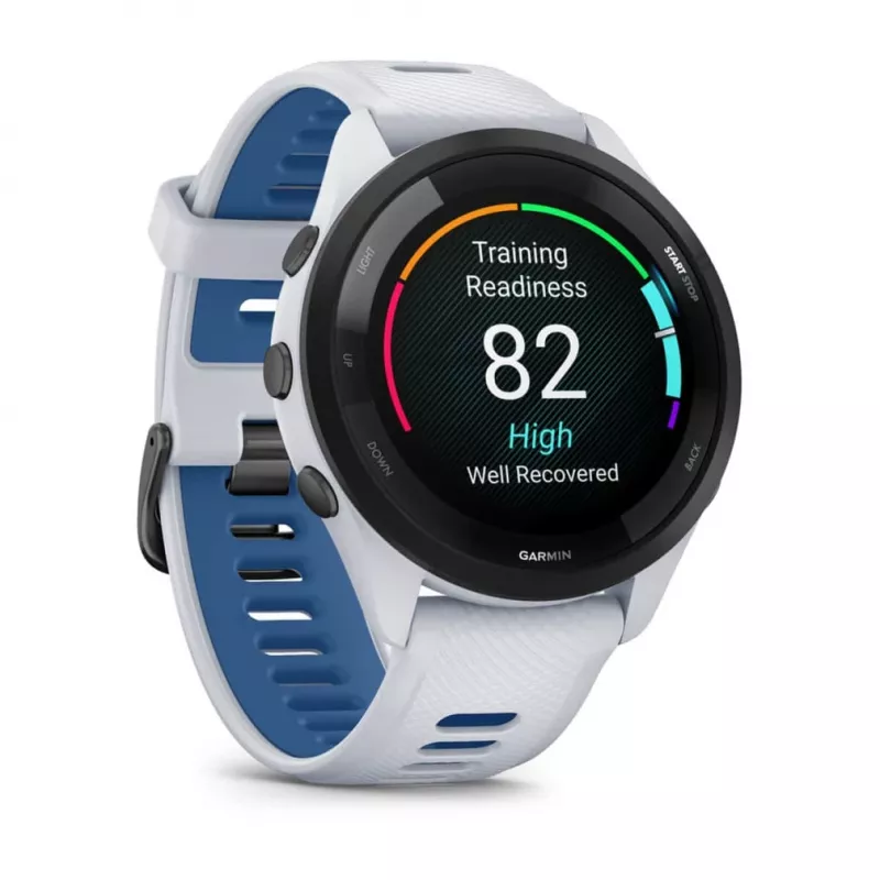 Smartwatch GARMIN Forerunner 265 — 46 mm GFRP-Gehäuse, AMOLED 1,3 Zoll, GPS/GLONASS/Galileo, 15 Tage Akkulaufzeit, 5 ATM, Silikonarmband