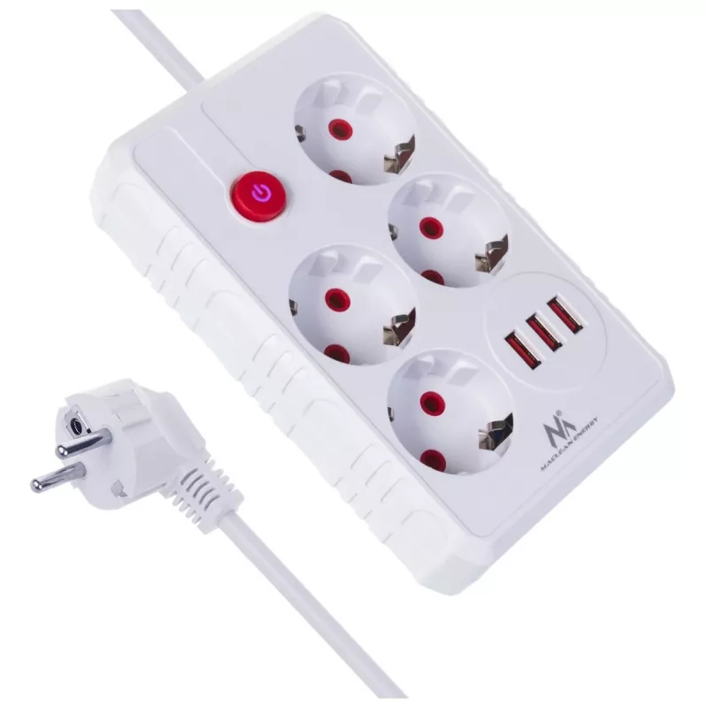 Steckdosenleiste MACLEAN MCE392 W — 4 F-Steckdosen, 3×USB A, 110–240 V, 2,1 A max, 2500 W, 1,5 m Kabel, weiß
