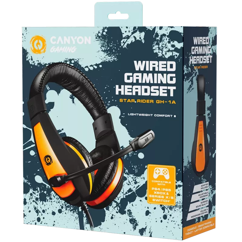CANYON Star Raider GH-1A, Gaming-Headset 3,5-mm-Klinke mit verstellbarem Mikrofon und Lautstärkeregelung, mit 2-in-1-3,5-mm-Adapter, Kabel 2 m, Schwarz, 0,23 kg