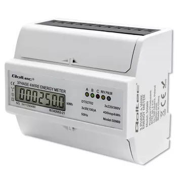 Qoltec Dreiphasen-Bidirektionaler Elektronischer Zähler | DIN-Schienen-Energieverbrauchszähler | 400V | 100A | LCD | 4P