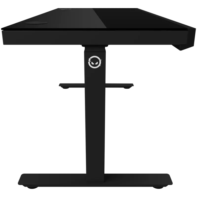 Höhenverstellbarer Gaming-Schreibtisch mit zwei Motoren, Sitz-/Stehfunktion, kabellosem Ladegerät, RGB-Beleuchtung, Bedienfeld und USB-Anschlüssen, Tischplatte aus gehärtetem Glas, schwarz