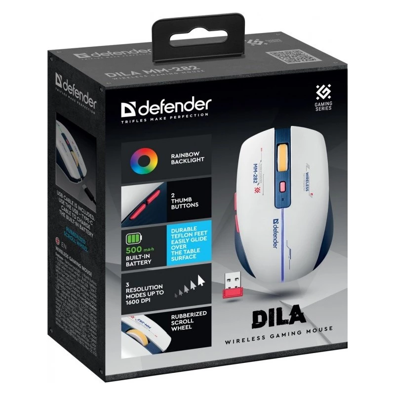 Kabellose Gaming-Maus DEFENDER MM-282 RF — beidhändig, optisch 1800 DPI, 5 Tasten, USB, batteriebetrieben
