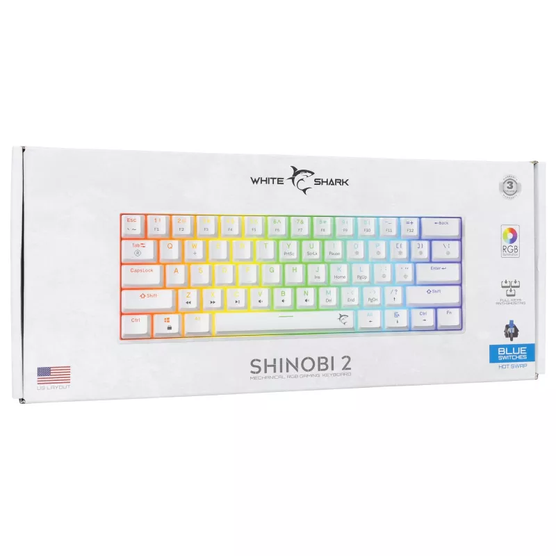 Kabelgebundene mechanische Tastatur White Shark Shinobi-2 (GK-004221) — blaue Schalter, Weiß, US-Layout