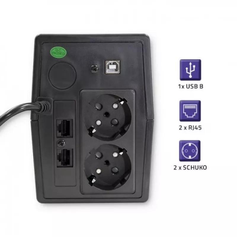 Qoltec Monolith USV (unterbrechungsfreie Stromversorgung) Doppelwandlung (Online) 1 kVA 600 W 2 Schuko-Steckdosen