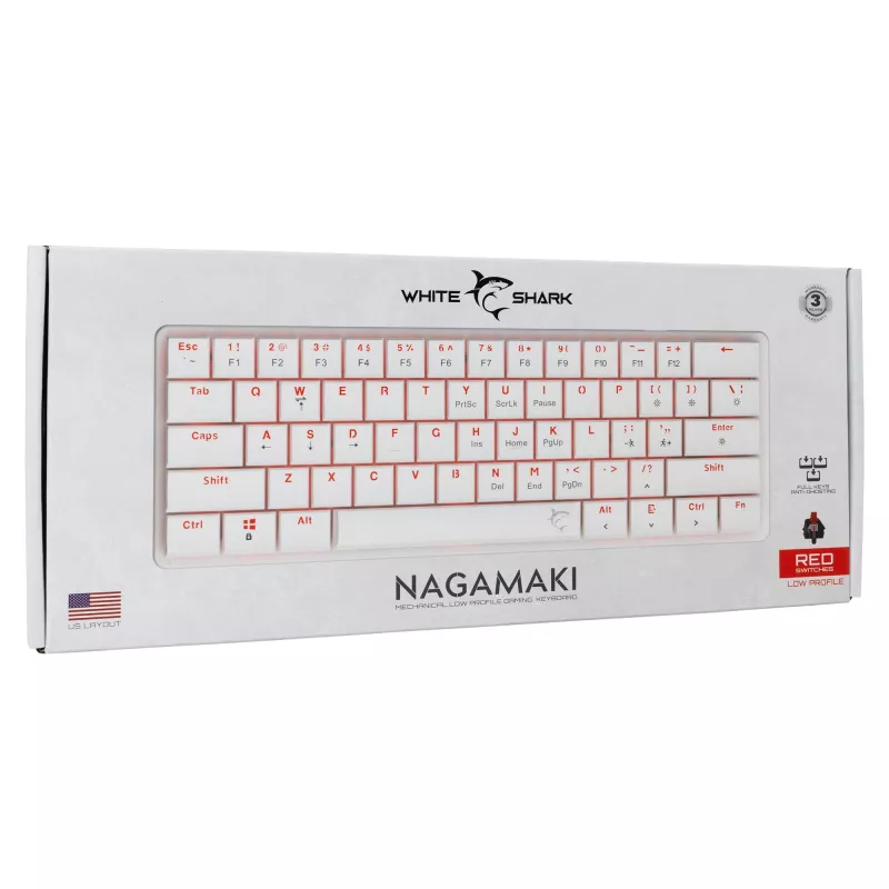 Mechanische Tastatur White Shark Nagamaki GK-006211 — kompaktes Layout, Red mechanische Schalter, weißes Gehäuse