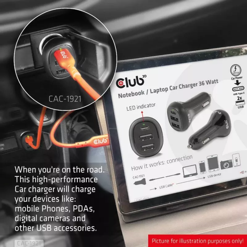 CLUB3D Notebook-/Laptop-Autoladegerät 36 Watt, Auto, Zigarettenanzünder, 24 V, Schwarz