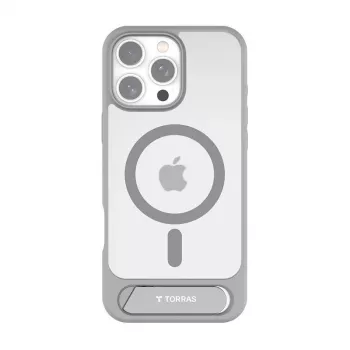 Schutzhülle Torras Pstand Series für iPhone 16 Pro Max, grau, schlankes Profil mit integriertem Ständer
