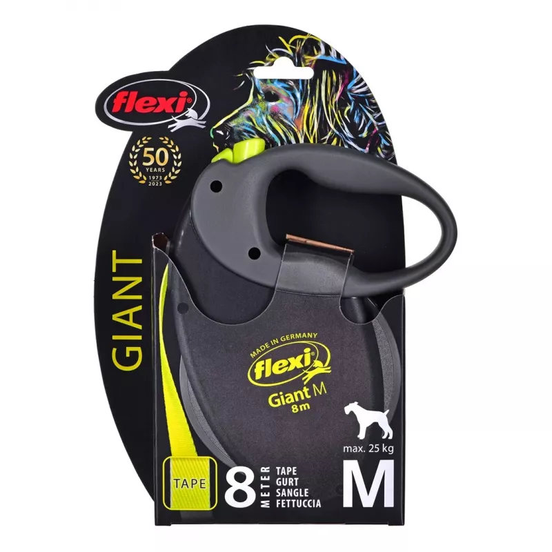 Rollleine Flexi NEON GIANT M — 8 m Bandleine, max. Belastung 25 kg, ergonomischer Griff, schwarz/gelb