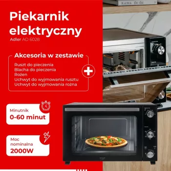 Elektroofen Adler AD 6028 — 60 l, 2000 W, freistehend, Drehregler, rotisserie, max. 230 °C, schwarz