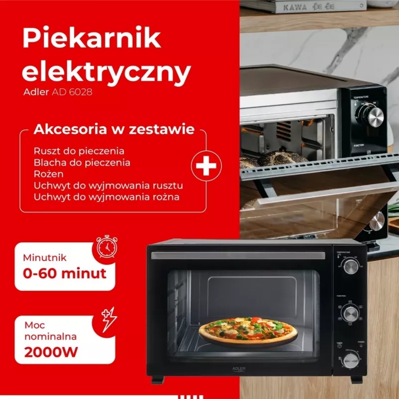 Elektroofen Adler AD 6028 — 60 l, 2000 W, freistehend, Drehregler, rotisserie, max. 230 °C, schwarz