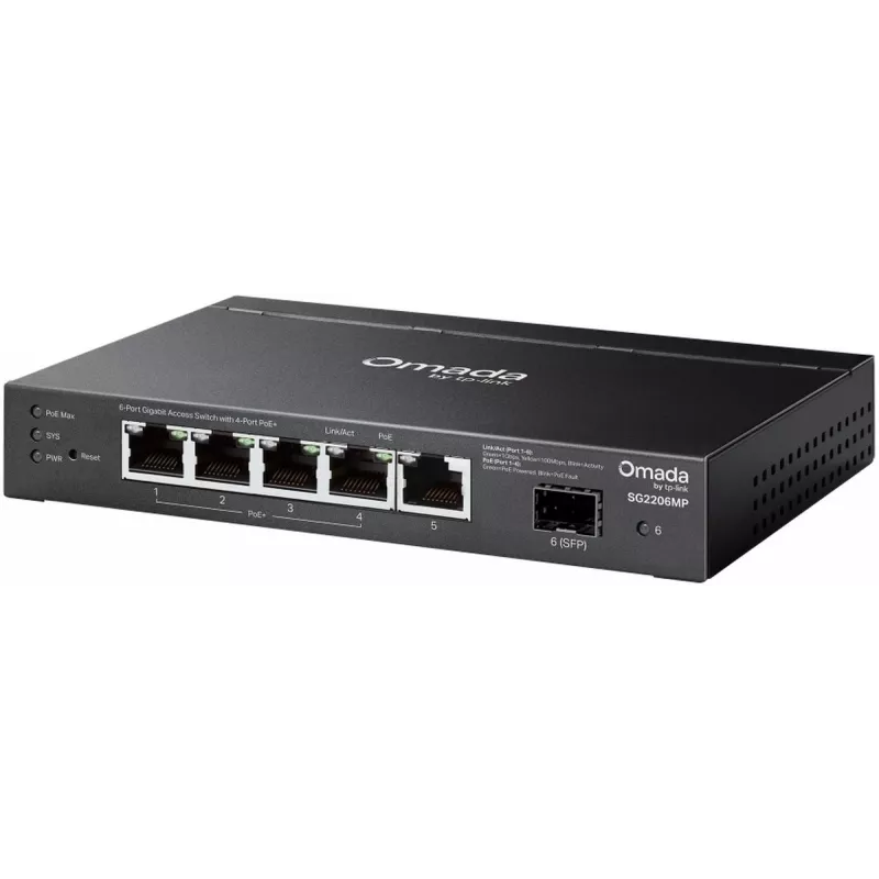 Netzwerk-Switch TP‑LINK SG2206MP L2 Gigabit Ethernet PoE 5‑Port (5x Gigabit, 1x SFP, PoE+ 4 Ports, 63W Budget)