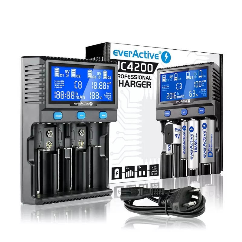 everActive UC-4200 Universalladegerät AC 12V 3A, unterstützt AA/AAA/C/9V, 4 Zellen, schwarz, integrierte Anzeige