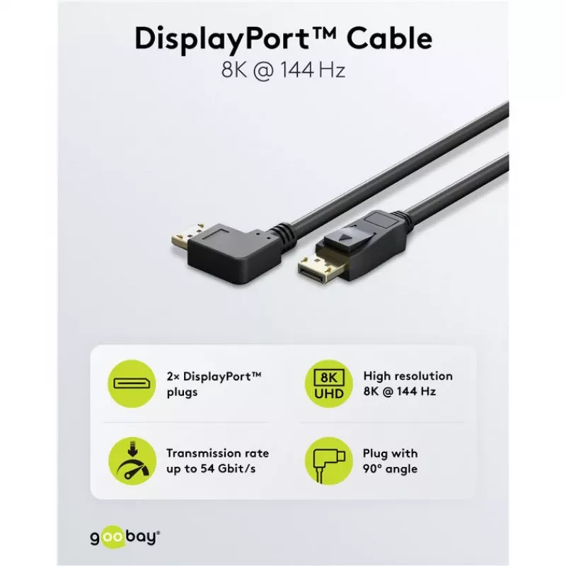 Kabel DisplayPort Plug 90° > DisplayPort Plug, 8K / 144Hz (Schwarz, 2 Meter, 1 Plug 90° side-angled, 54 Gbit/s, DisplayPort 2.0 / 2.1)