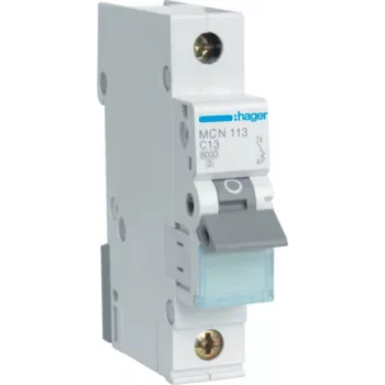 Hager MCN113. Polzahl: 1P. AC-Eingangsfrequenz: 50/60 Hz, Nennausgangsstrom: 13 A. Breite: 17,5 mm, Tiefe: 70 mm, Höhe: 83 mm (MCN113)