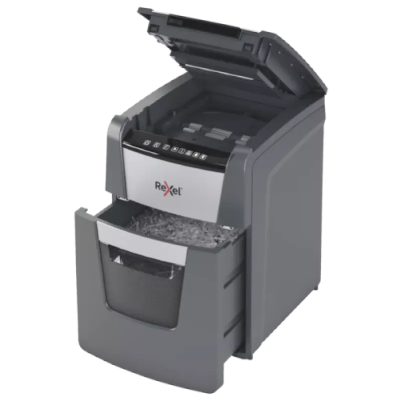 Aktenvernichter REXEL Optimum AutoFeed+ 100X — 100-Blatt automatische Zufuhr, 4 x 28 mm Kreuzschnitt, 34 L Auffangbehälter, Aluminium