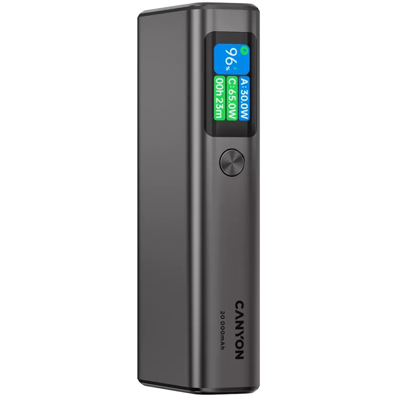 Canyon OnPower 230 TFT Powerbank, 20000 mAh, PD 130 W, 2x USB-C + USB-A, Metallgehäuse, Dunkelgrau